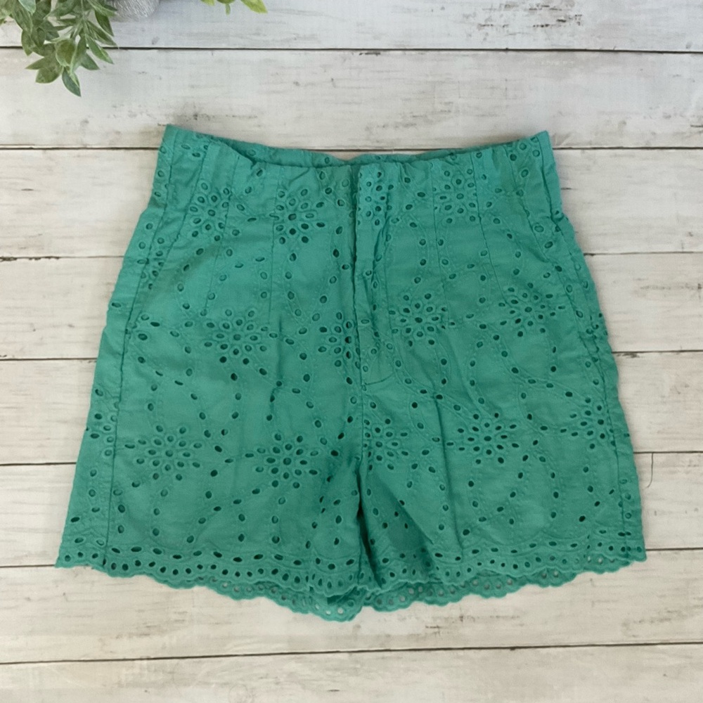 Elegant Teal Eyelet High Waist Shorts, fully lined, zipper front button closure